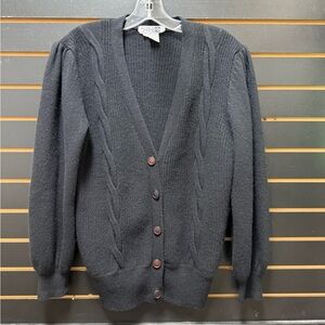 Adele Joyce Vintage Black Lambswool Angora Cardigan M Puff Sleeve Button Up